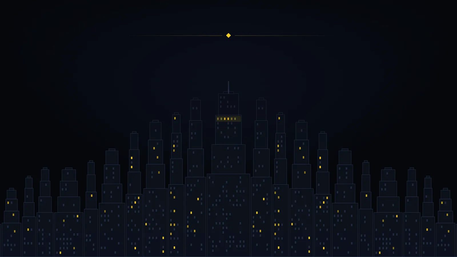 Illustration: The city at night, one floor lit near the top of the tallest tower