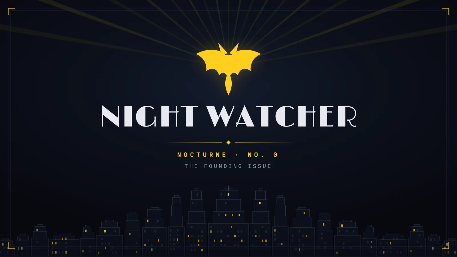 Illustration: Night Watcher's bat mark over a deco skyline: Nocturne, No. 0, the founding issue